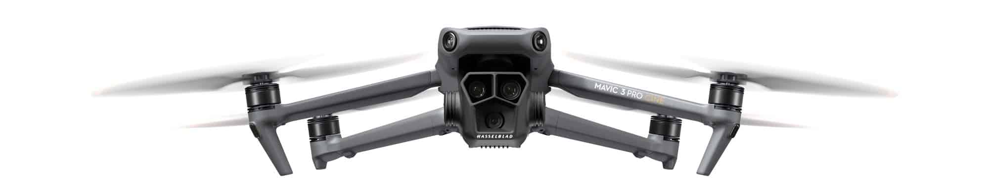 Front-facing view of the DJI Mavic 3 Pro Cine drone on a white background, showcasing its advanced triple-lens camera system.